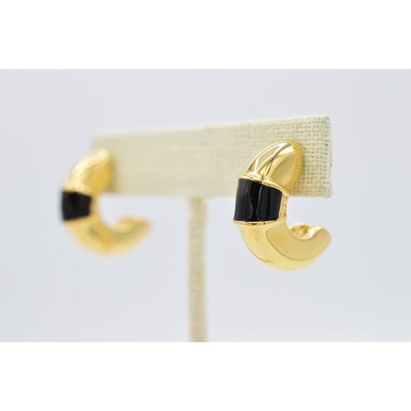 Givenchy Vintage Earrings Black Enamel Chunky Hoop Heavy Gold Signed 1980s 9C - Picture 2 of 11